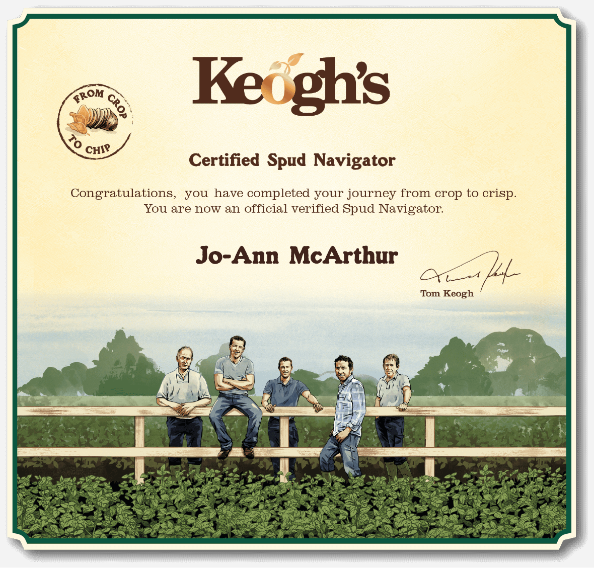 A Certified Spud Navigator certificate, downloaded from the Keogh's website.