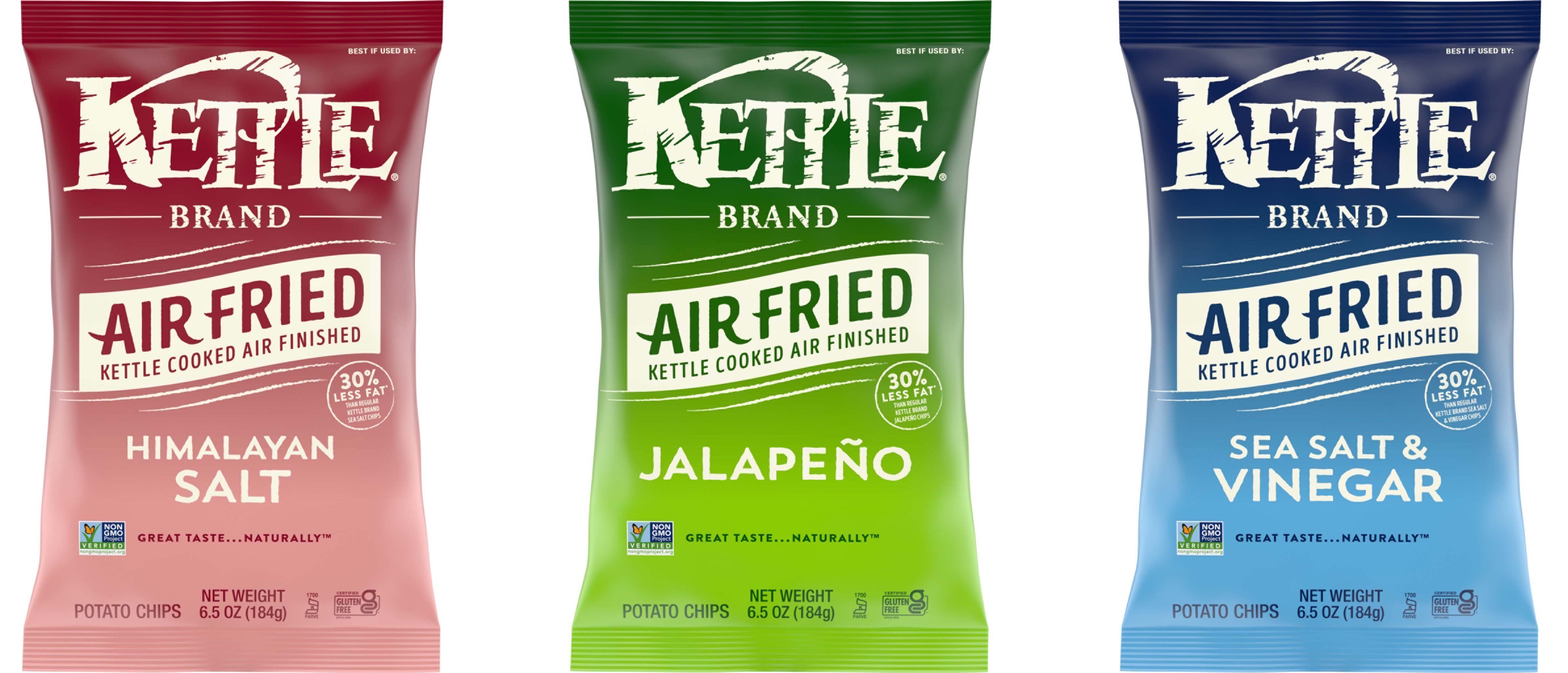 3 flavours of Kettle Brand air fried chips - himalayan salt, jalapeno, sea salt & vinegar